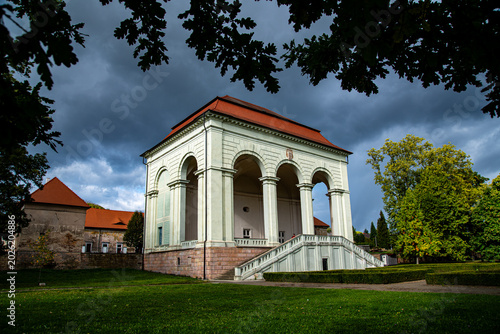 Valdstejn loggia baroque monument near Jicin town in Czech Republic under dramatic stormy sky