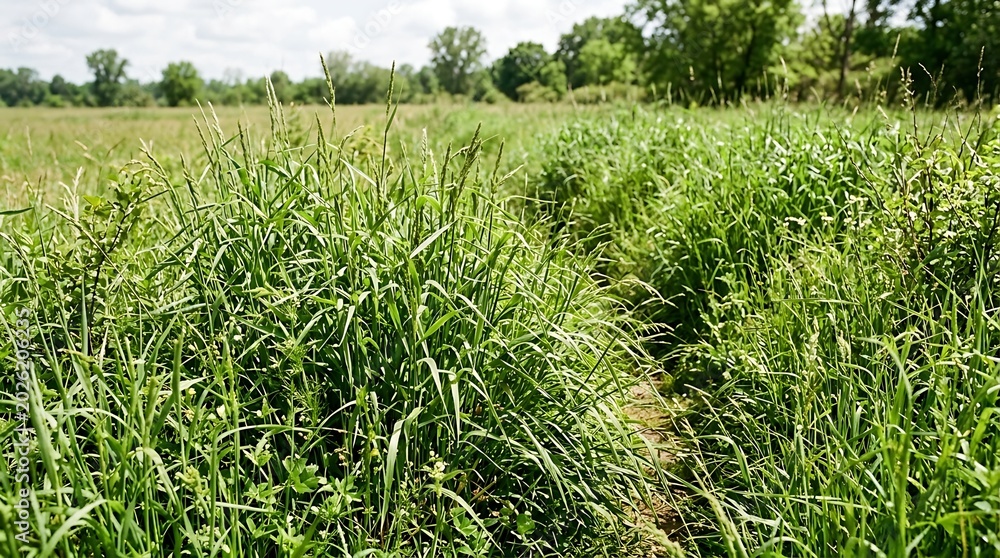 Fototapeta premium Green grassy field with trees background.