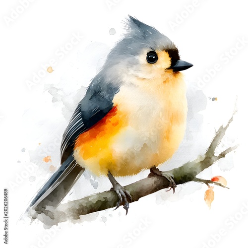 A charming tufted titmouse perched gracefully on a delicate branch is depicted in a beautiful watercolor illustration against a white background.