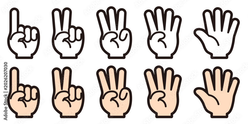 Fototapeta premium 指で数えるハンドアイコン 1〜5のカウントジェスチャーセット Counting Hand Icon Set One to Five Finger Gesture Numbers 