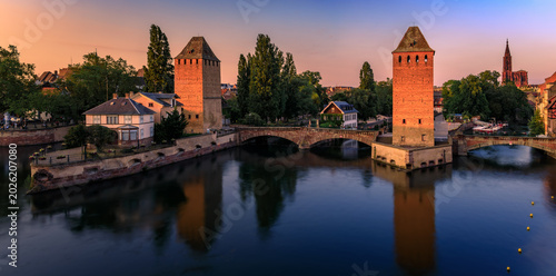 Schilderij op canvas Ponts Couverts Covered Bridges on the canals of Petite France in Strasbourg, Fra