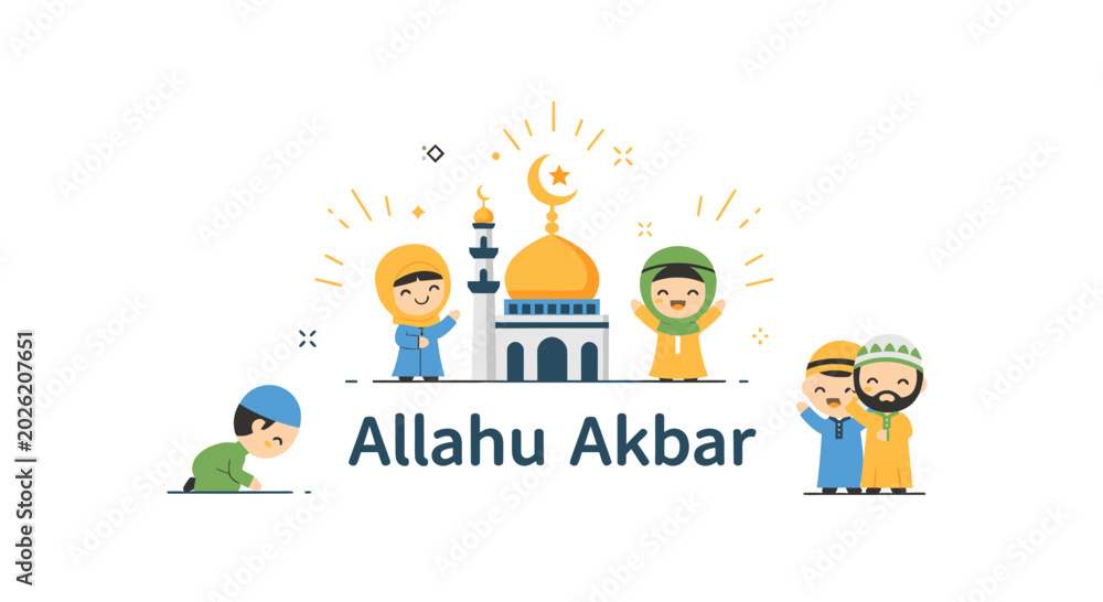Fototapeta premium Flat Vector Illustration of People Near a Mosque Building for Religious Celebration Design and Marketing