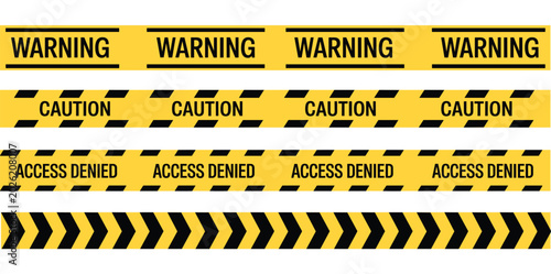 Tableau sur toile Warning and Caution Tapes Set: A collection of bright yellow hazard tapes, featuring text like WARNING, CAUTION, and ACCESS DENIED, alongside chevron striped patterns for clear visual alerts