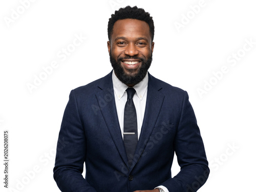 Smiling African American businessman in professional navy blue suit and tie portrait.