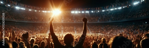 a brightly lit, large outdoor sports stadium at night, viewed from behind a silhouetted crowd of cheering fans with their arms raised numerous flags of different countries are displayed Generative AI