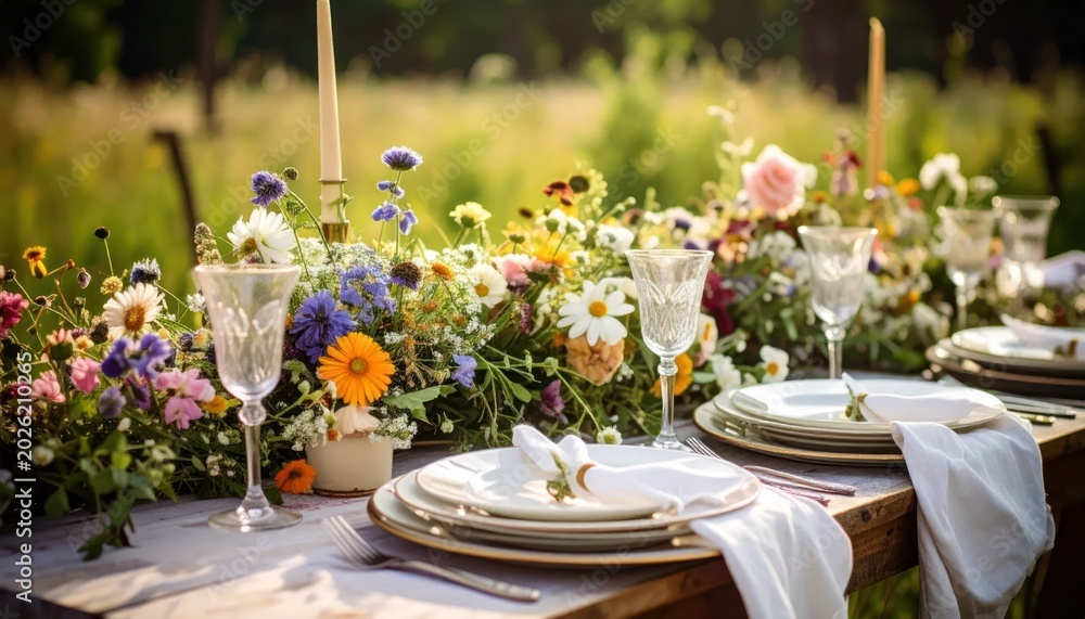 Fototapeta premium Outdoor Wedding Table Setting with Floral Decor.