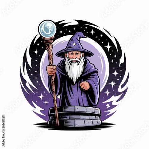 Canvastavla Cartoon wizard with magic staff globe.