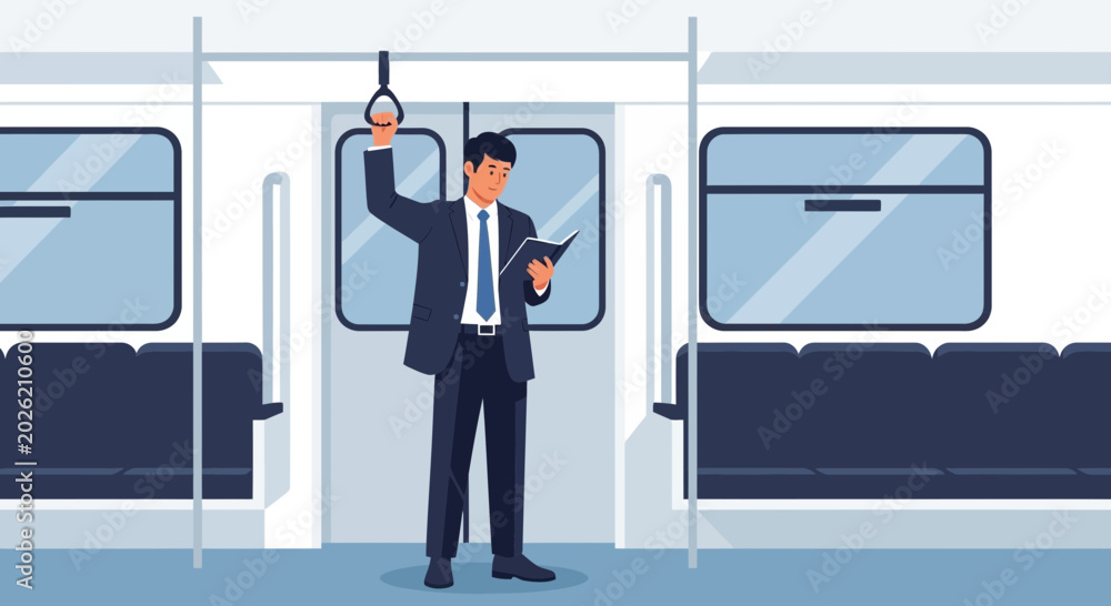 Fototapeta premium Businessman reading book on crowded subway train during commute