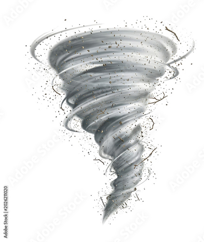 Realistic gray tornado funnel cloud swirling debris and broken branches against transparent background