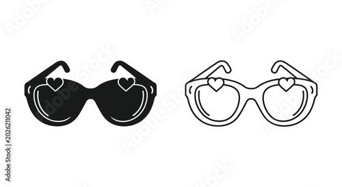 Heart shaped sunglasses vector icons, black and white fashion eyewear illustrations, romantic summer sun glasses set for wedding and party design