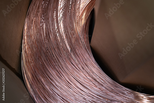 Top view of copper wire coil packed in cardboard box, industrial raw material shipment 
