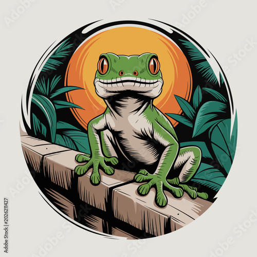 Foto Green Frog Sitting on Wooden Fence.
