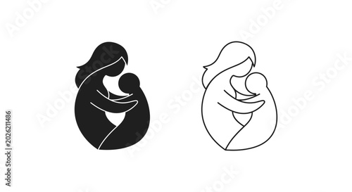 Minimalist mother and child logo icons, silhouette of mom hugging baby, simple line art maternal love symbols for parenting and family branding