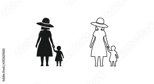 Minimalist mother and daughter silhouette icons, black and white parent and child vector set, simple family walking together line art graphics