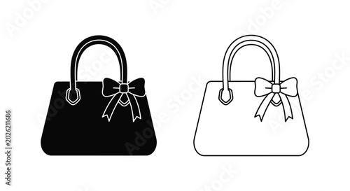 Minimalist handbag icon set with decorative bow, black and white female purse vector illustrations, elegant fashion accessory symbols for retail