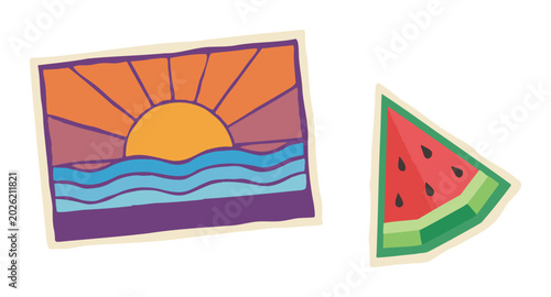 Summer stickers, sunset ocean art, watermelon slice