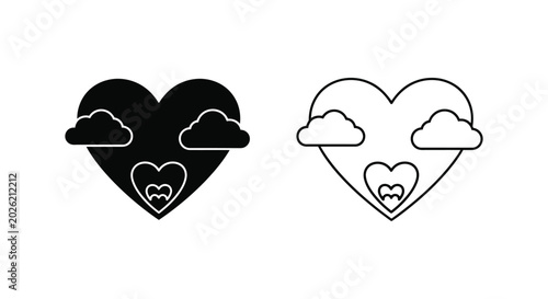 Minimalist heart icons with clouds, black solid and outline heart shapes, romantic weather symbols for wedding and valentine design