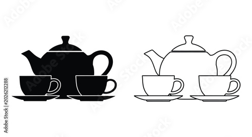 Minimalist teapot and teacup icons, black silhouette and thin line art tea set vectors, elegant kitchenware and cafe branding elements