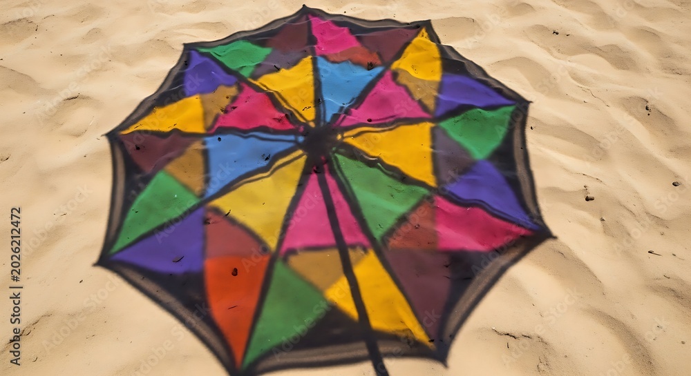 Fototapeta premium Umbrella street art graffiti in sandy beach environment for summer marketing, tourism promotion, and creative branding success
