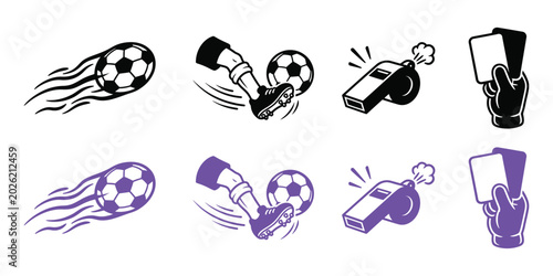 Bild auf Leinwand Soccer match action icons in bold comic outline style for sports apps and tourna