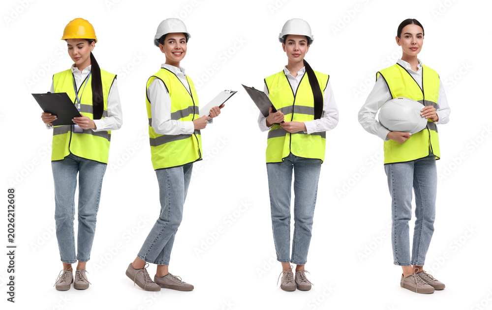 Obraz premium Engineer with vest and hard hat. Portraits of woman on white background, collection