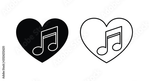 Minimalist music heart icon set, black and white musical note symbols, love for music vector graphics, simple melody and rhythm line art