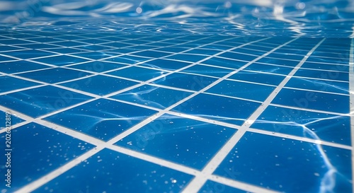 Pool water surface with blue tiles and white grout lines reflecting light ripples featuring reflection, aquatic, tile pattern with underwater view