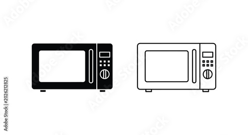 Minimalist microwave oven icon set, black solid and thin line kitchen appliance vectors, modern electric microwave symbols for home cooking