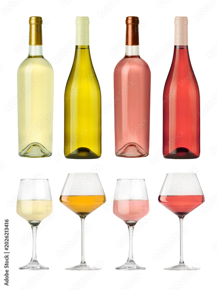 Fototapeta premium Rose and white wine in bottles and glasses on transparent background