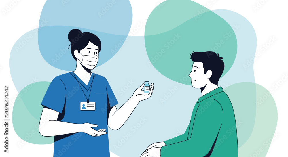 Fototapeta premium Nurse holding vaccine vial for patient, medical consultation, healthcare, vaccination concept