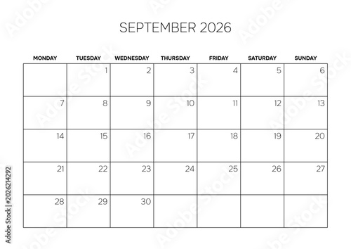 September 2026 Minimalist Monthly Calendar Template Corporate Schedule Grid Layout