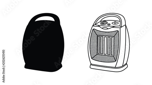 portable electric heater silhouette and line drawing on white background