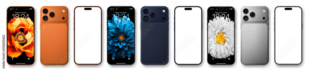 Obraz premium Detailed orange, blue and silver mobile phone mockup pack. Front and rear view isolated with shadows. UI mockup whith flowers backgrouind. Vector illustration