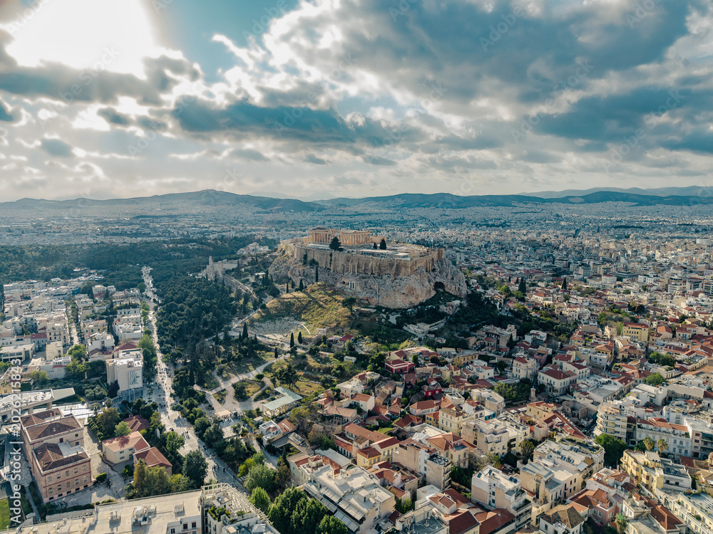 Obraz premium Drone view of the Acropolis and Athens basin