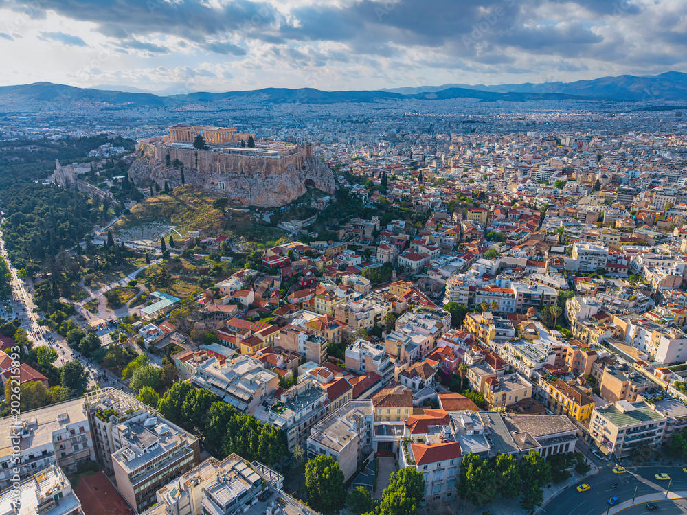 Fototapeta premium Aerial panorama of Acropolis and Plaka rooftops