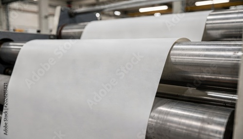 Close view of white kraft paper moving steadily on wide rollers highlighting the clean smooth texture in a brightly lit factory environment.