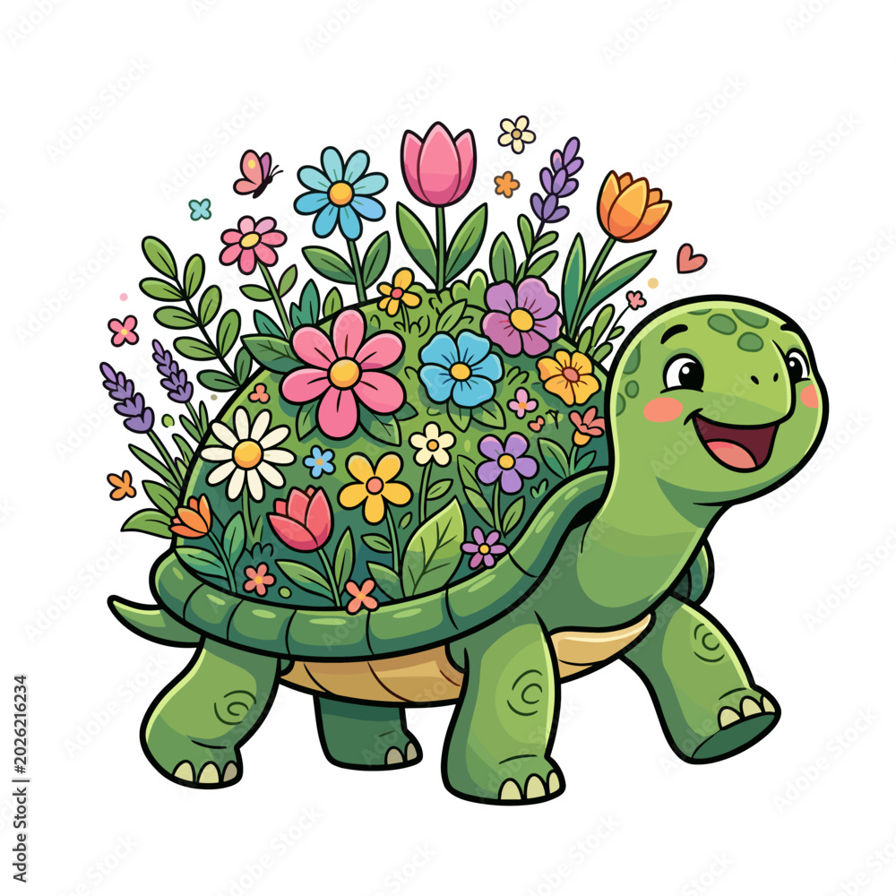 Obraz premium Cute smiling turtle carrying a garden of flowers on its shell