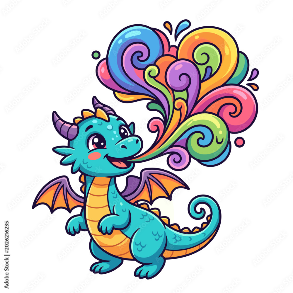 Obraz premium Cute cartoon dragon breathing colorful smoke and swirls