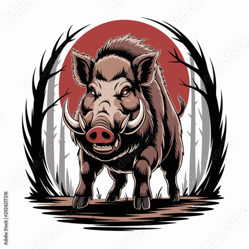 Φωτογραφία Large Wild Boar with Tusks Charging.