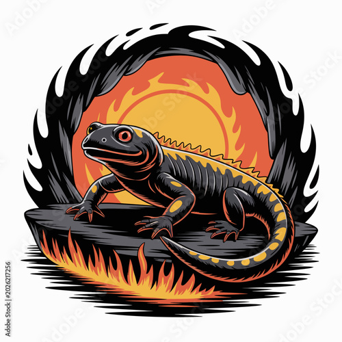 Photos Black and yellow lizard on fire.