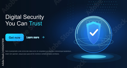 Foto Digital security website banner with glowing shield icon, cybersecurity landing