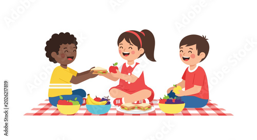 Three diverse children are happily sharing healthy food like sandwiches and fruit while enjoying a picnic on a red checkered blanket together.