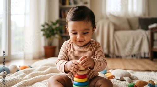 Baby playing with colorful wooden blocks.
