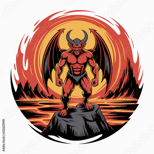 Tableau sur toile Muscular red demon with horns standing.