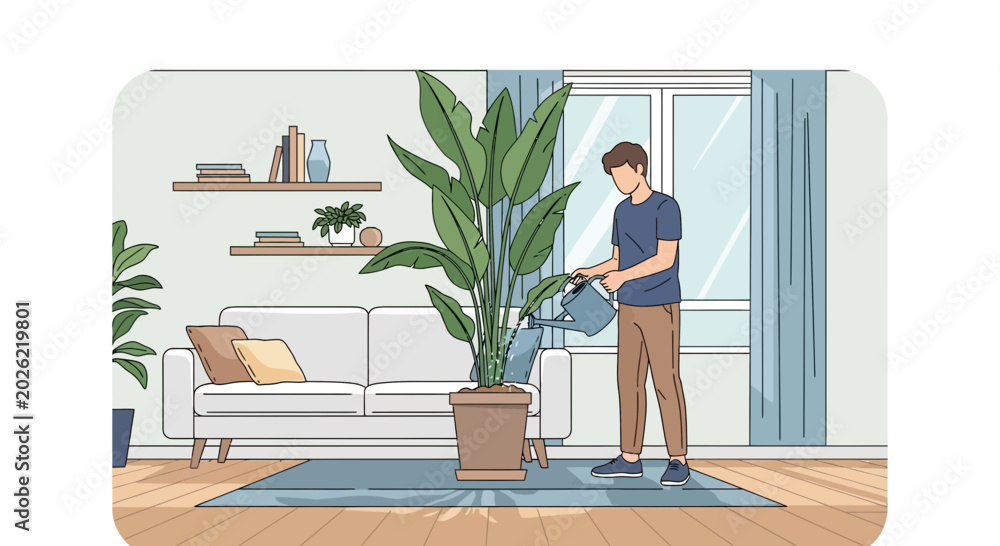 Fototapeta premium Man watering a large houseplant in a bright, modern living room with sofa and window
