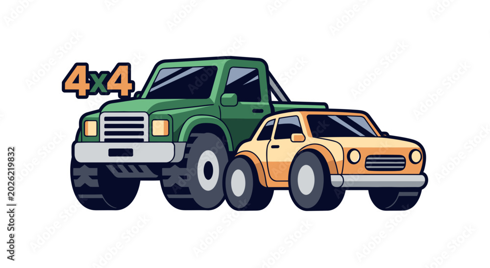 Fototapeta premium Green Pickup Truck and Yellow Car Vector Illustration with 4x4 Text, Side View on White Background for Design and Advertising