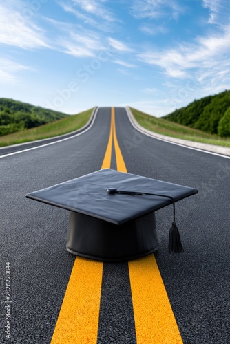 Graduation cap on a road leading upward showing journey to future career and success
