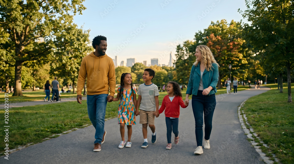 Fototapeta premium Diverse family walking in central park enjoying urban outdoors