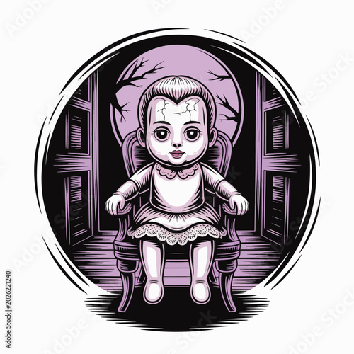 Obraz na plátně Creepy Doll Sitting in Chair Alone.