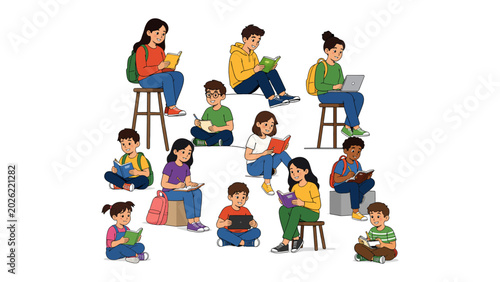 Obraz na plátne Group of Diverse People Reading: A lively illustration depicts a diverse group of children and adults engrossed in reading various books and electronic devices